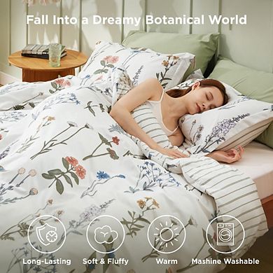 3-Piece Queen Comforter Set, Soft Reversible Coconut White Botanical Floral Bedding