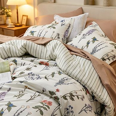 3-Piece Queen Comforter Set, Soft Reversible Coconut White Botanical Floral Bedding