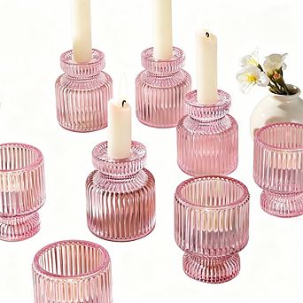 MOEPLSY Pink Glass Taper Candlestick Holders, 12 pc Decorative Candle Set for Wedding