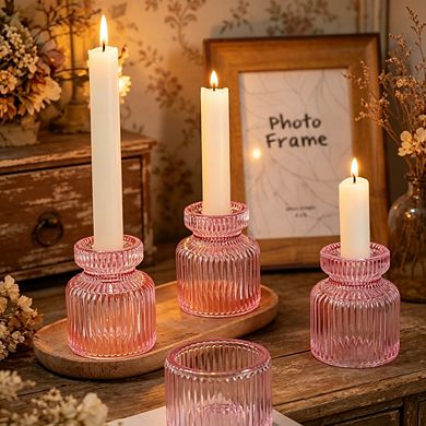 MOEPLSY Pink Glass Taper Candlestick Holders, 12-Piece Decorative Candle Set for Wedding
