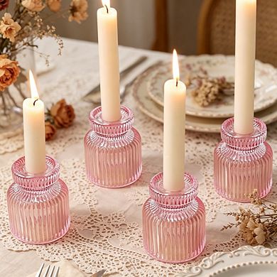 MOEPLSY Pink Glass Taper Candlestick Holders, 12-Piece Decorative Candle Set for Wedding