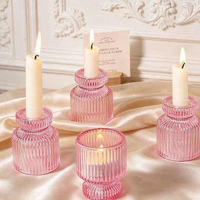 MOEPLSY Pink Glass Taper Candlestick Holders, 12-Piece Decorative Candle Set for Wedding