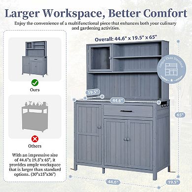 Merax 65" Solid Fir Wood Potting Bench with Hutch Garden Workstation & Patio Kitchen Island