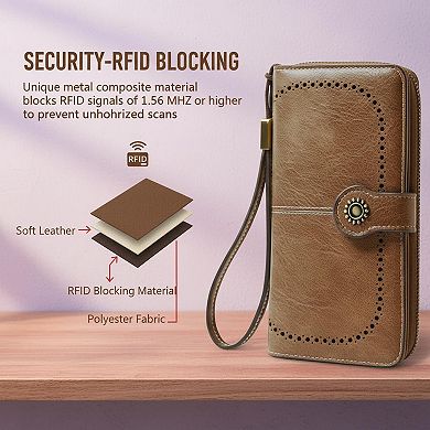 ZUQIETA RFID Blocking Leather Wallet Large Card Holder & Phone Clutch Wristlet