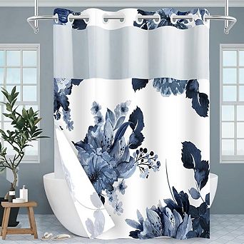 No-Hook Floral Shower Curtain with Snap-in Liner, Waterproof, Mesh Window