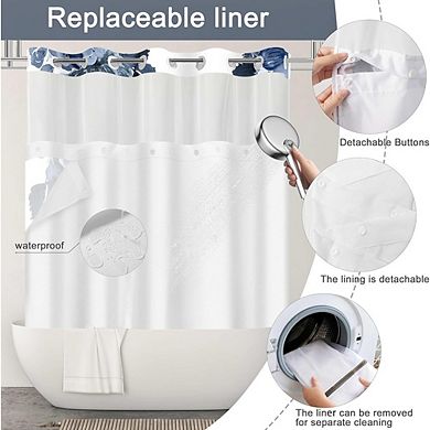 No-Hook Floral Shower Curtain with Snap-in Liner, Waterproof, Mesh Window