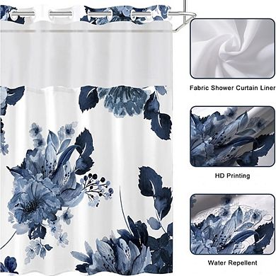 No-Hook Floral Shower Curtain with Snap-in Liner, Waterproof, Mesh Window