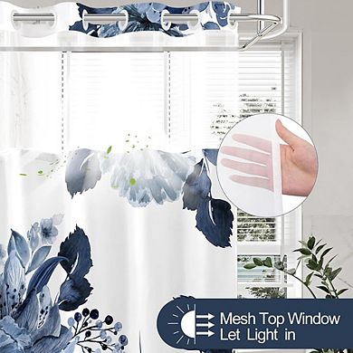 No-Hook Floral Shower Curtain with Snap-in Liner, Waterproof, Mesh Window