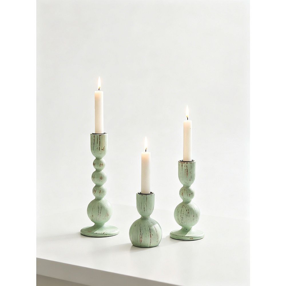 MOEPLSY 3-Piece Farmhouse Wooden Taper Candle Holders, Rustic Sage