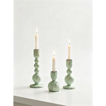 MOEPLSY 3 pc Farmhouse Wooden Taper Candle Holders, Rustic Sage Green Home & Table Decor