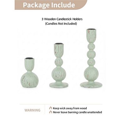 MOEPLSY 3-Piece Farmhouse Wooden Taper Candle Holders, Rustic Sage Green Home & Table Decor