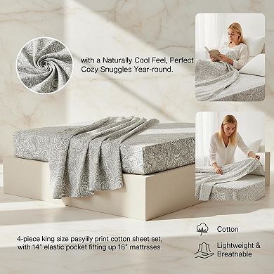 100% Cotton King Sheet Set 4-Piece Breathable Cool Soft 14" Pocket Fits 16" Mattress All Seasons