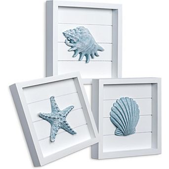 Blue Seashells and Starfish (Framed Set of 3) Coastal 3D Wall Art, Beach Wall Decor (7"x7")