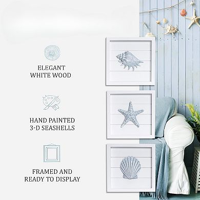Blue Seashells and Starfish (Framed Set of 3) Coastal 3D Wall Art, Beach Wall Decor (7"x7")
