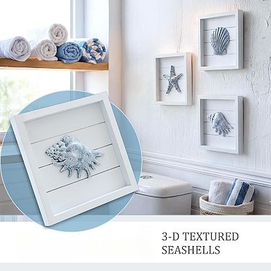 Blue Seashells and Starfish (Framed Set of 3) Coastal 3D Wall Art, Beach Wall Decor (7"x7")
