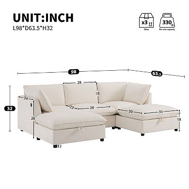 Merax 98" Modular Sectional Sofa with Movable Storage Ottoman, U-Shaped Cloud Couch