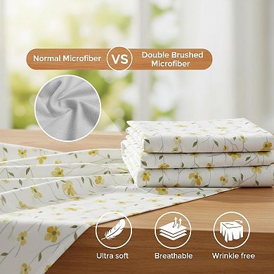 Yellow Floral Queen Sheet Set 4 Piece Soft Microfiber Deep Pocket Fitted Pillowcase