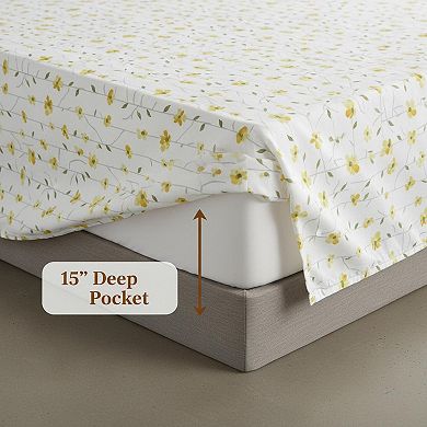 Yellow Floral Queen Sheet Set 4 Piece Soft Microfiber Deep Pocket Fitted Pillowcase