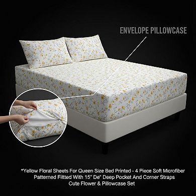 Yellow Floral Queen Sheet Set 4 Piece Soft Microfiber Deep Pocket Fitted Pillowcase