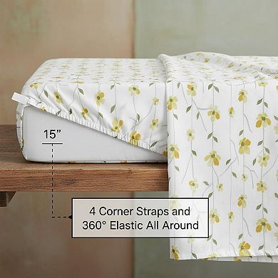 Yellow Floral Queen Sheet Set 4 Piece Soft Microfiber Deep Pocket Fitted Pillowcase