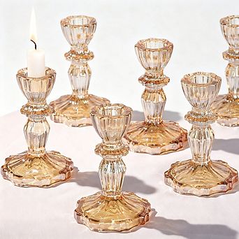MOEPLSY 6 pc Gold Glass Taper Candle Holders, Tall Decorative Stands for Table Centerpieces