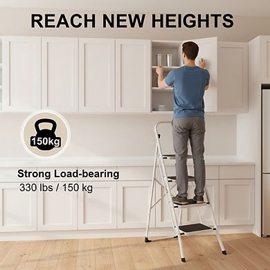 Folding Step Stool 330 lbs Capacity, White Non-Slip Pedal for Kitchen Home