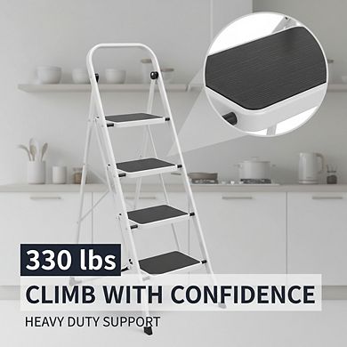 Folding Step Stool 330 lbs Capacity, White Non-Slip Pedal for Kitchen Home