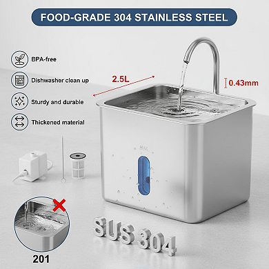 Petsfit Stainless Steel Cat Water Fountain 2.5L 6Layer Filter 20dB Quiet Soft Flow Pet