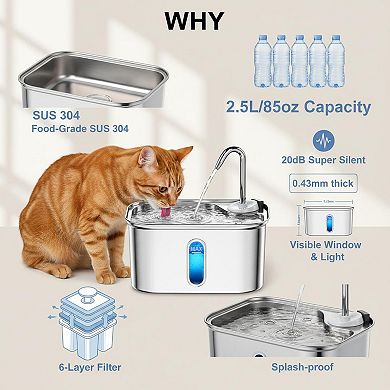 Petsfit Stainless Steel Cat Water Fountain 2.5L 6Layer Filter 20dB Quiet Soft Flow Pet