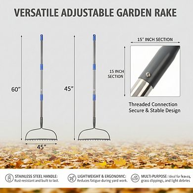 Metal Level Head Garden Rake 5FT, Stainless Steel Handle for Lawns