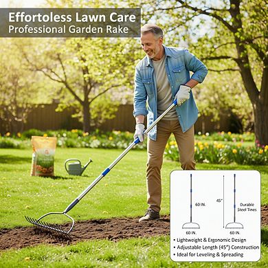 Metal Level Head Garden Rake 5FT, Stainless Steel Handle for Lawns