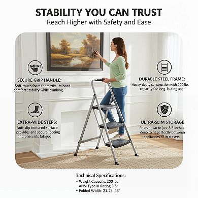 No Assembly Folding Step Ladder 3-Step Steel with Hand Grip Non-Slip Feet