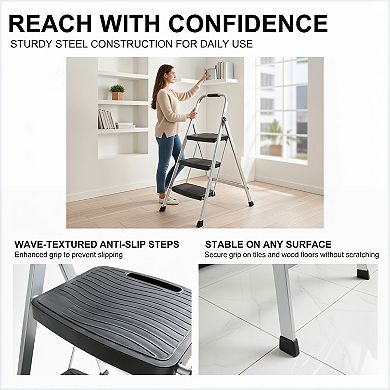 No Assembly Folding Step Ladder 3-Step Steel with Hand Grip Non-Slip Feet