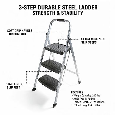 No Assembly Folding Step Ladder 3-Step Steel with Hand Grip Non-Slip Feet