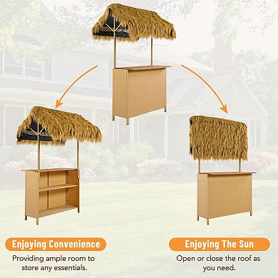 Merax Bar Height Patio Set with PE Grass Canopy, Acacia Wood Table & Stools