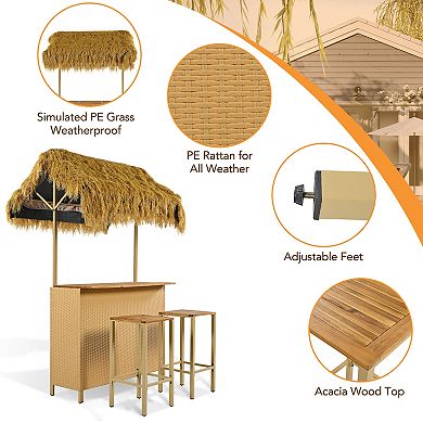 Merax Bar Height Patio Set with PE Grass Canopy, Acacia Wood Table & Stools