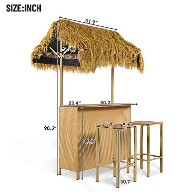 Merax Bar Height Patio Set with PE Grass Canopy, Acacia Wood Table & Stools