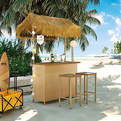 Merax Bar Height Patio Set with PE Grass Canopy, Acacia Wood Table & Stools