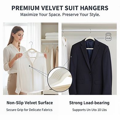 Ivory/Silver Velvet Suit Hangers 50-Pack, Non-Slip Slim with Shoulder Notches