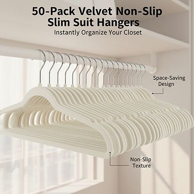 Ivory/Silver Velvet Suit Hangers 50-Pack, Non-Slip Slim with Shoulder Notches