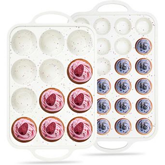Cream Silicone Cupcake Pan Set, 12 cup & 24 cup Metal Reinforced Frame