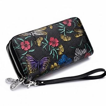 ZUQIETA Women's Large Capacity Double Zip Leather Wallet RFID Blocking Wristlet Card Phone Holder