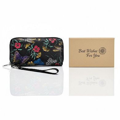 ZUQIETA Women's Large Capacity Double Zip Leather Wallet RFID Blocking Wristlet Card Phone Holder