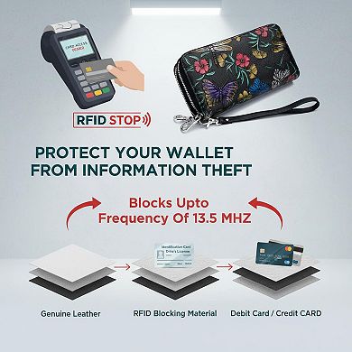ZUQIETA Women's Large Capacity Double Zip Leather Wallet RFID Blocking Wristlet Card Phone Holder