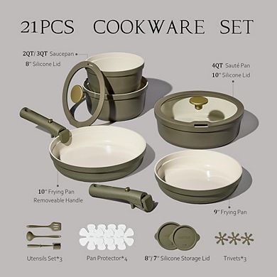 MOEPLSY Ceramic Nonstick Cookware Set with Detachable Handles, Induction Pots and Pans