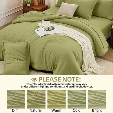 Olive Green Queen 7-Piece Bed in a Bag Comforter Set, Soft Bedding Set with Sheets & Pillow Shams
