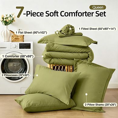 Olive Green Queen 7-Piece Bed in a Bag Comforter Set, Soft Bedding Set with Sheets & Pillow Shams