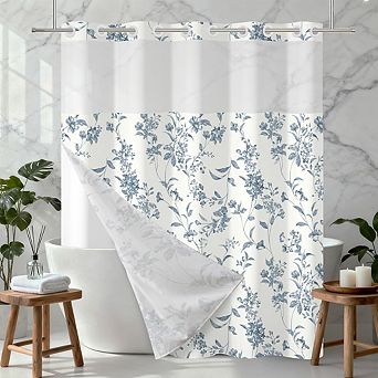 No Hook Floral Shower Curtain with Snap-in Liner, Waterproof, Mesh Window