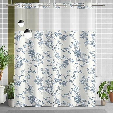 No Hook Floral Shower Curtain with Snap-in Liner, Waterproof, Mesh Window