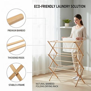 Collapsible 100%Bamboo Laundry Drying Rack, Heavy Duty Pre-Assembled Wooden Clothes Dryer